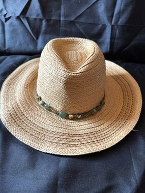 New Women’s Straw Fedora Hat with Turquoise Bead Band - Natural